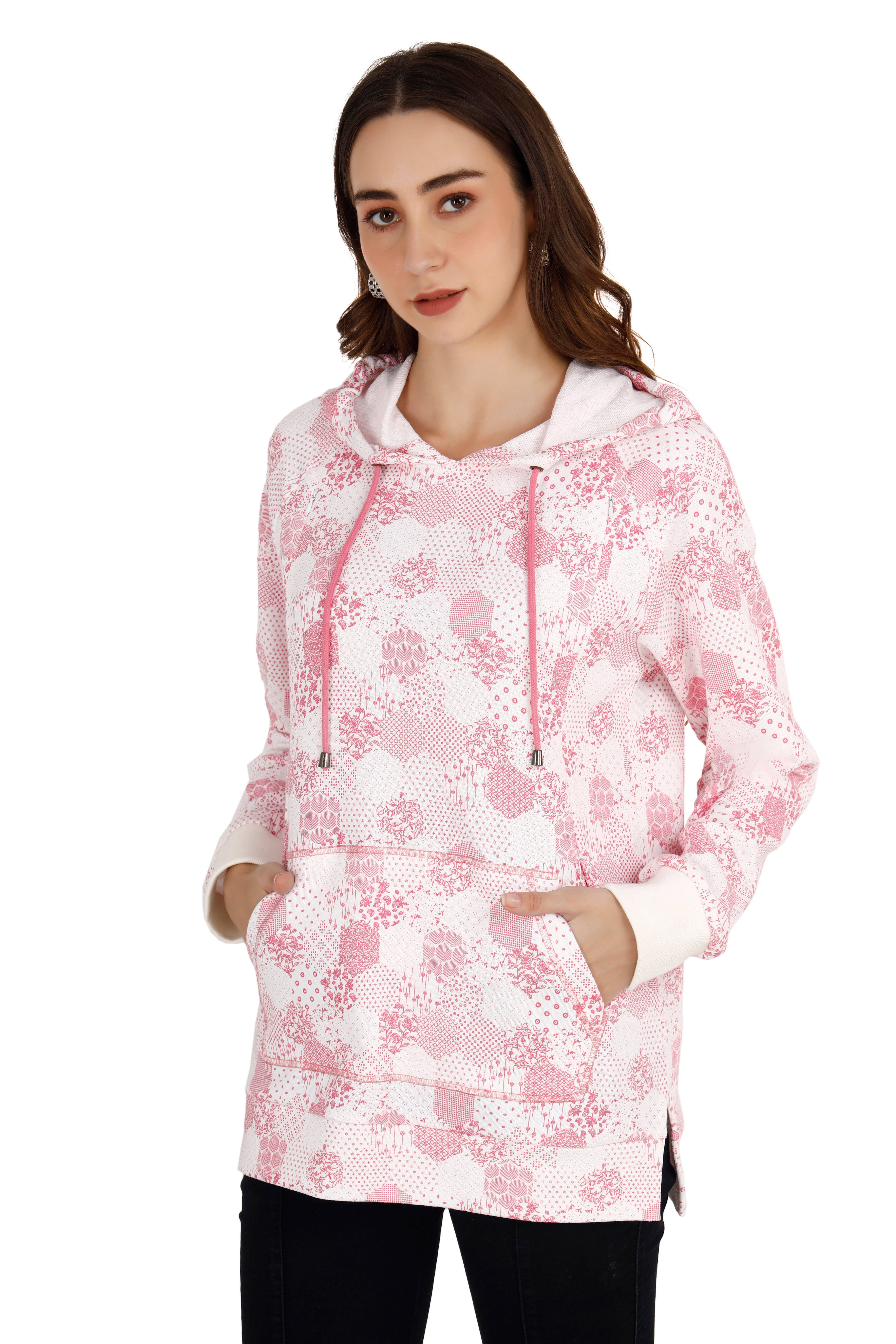 Women's Pink & White Printed Hoodie - View 1